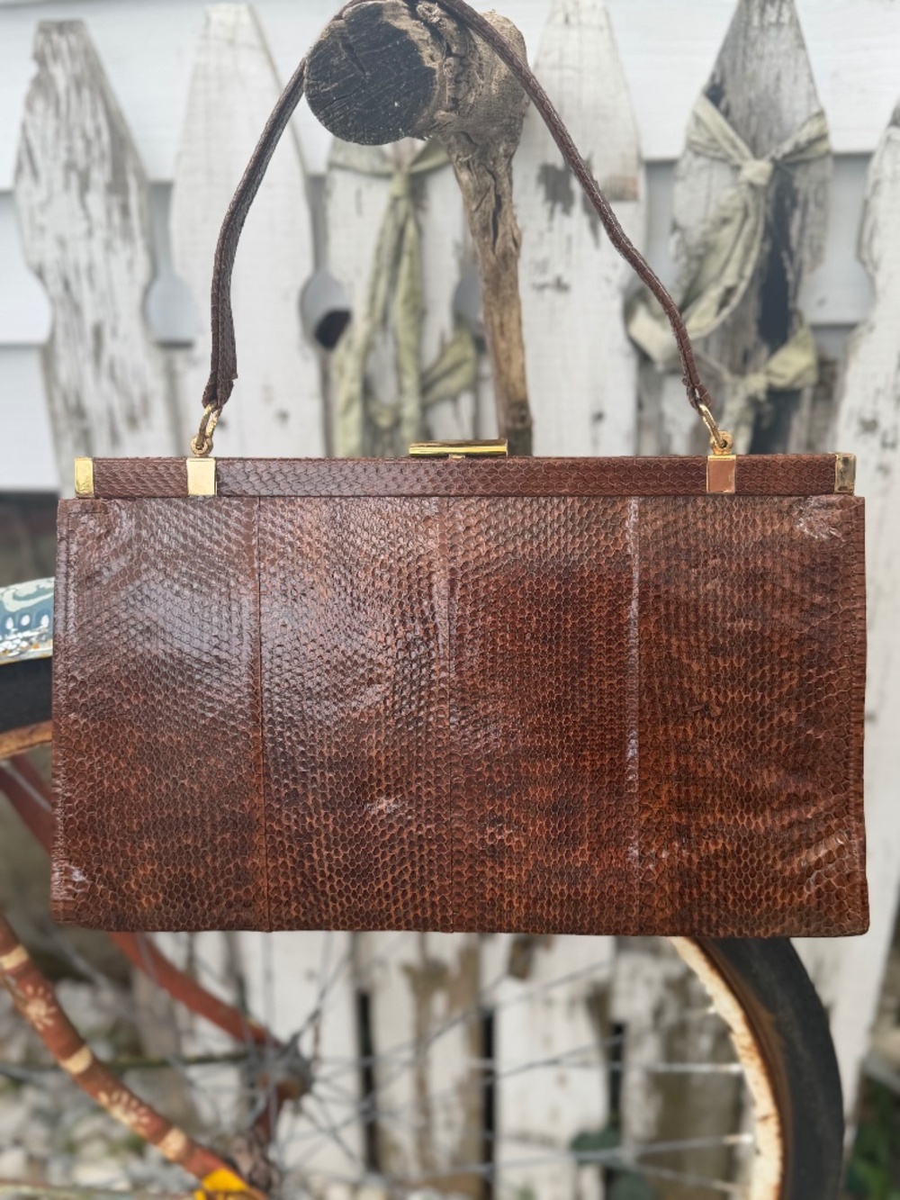 Genuine 1950s Brown Snakeskin Kelly Bag - Authentic Mid Century Python Top Purse